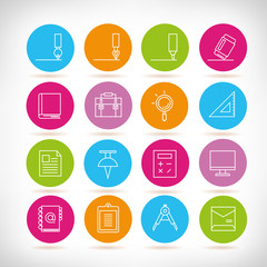 office supply and stationery icons in colorful buttons
