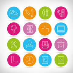 office supply and stationery icons in colorful buttons