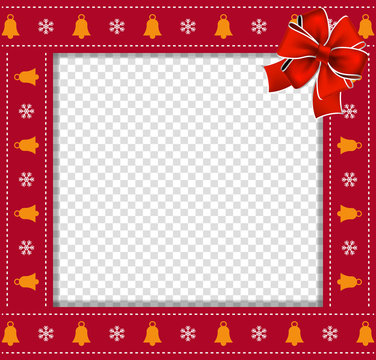 Christmas or new year square border frame with bells and snow flakes ornament and red ribbon