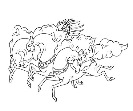 Vector contour line three Russian horses in russian style. Troika galloping horses in black outline on white background.