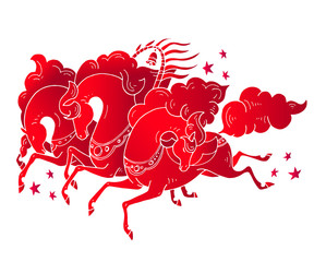 Vector three Russian horses with stars in russian style. Troika galloping horses in red flame colors on white background