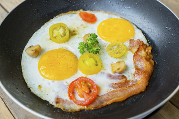 Frying pan with fried bacon and egg