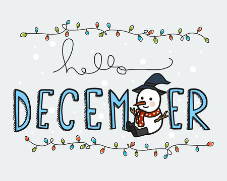 Hello December word snowman and colorful light bulb vector illustration