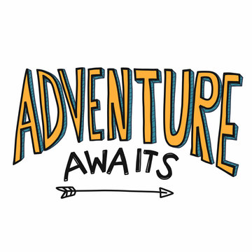 Adventure awaits word vector illustration yellow color cartoon font style