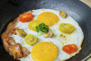 Tasty breakfast in fry pan