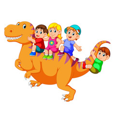 the children playing and sitting on the big Tyrannosaurus Rex's body and some of them holding his tail
