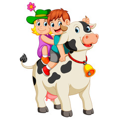 the children get into the cow and ride it when the boy hold the horn 
