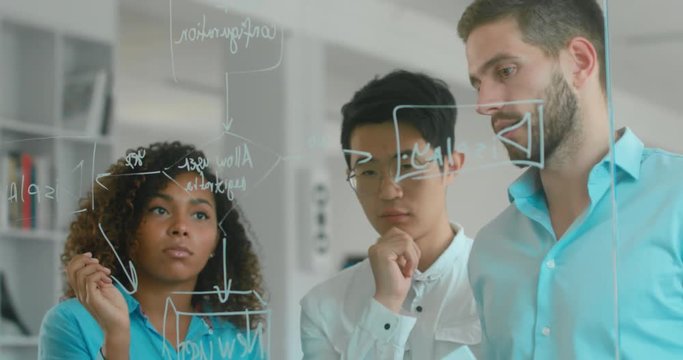 Multi racial team of employees drawing and discussing flowchart diagram in a modern office. 4K UHD 60 FPS SLOW MOTION