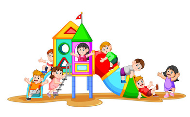 the children playing in the playground with their friend with the happy faces 
