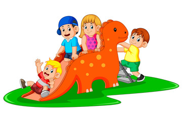 the happy children playing the dinosaur slide and some of them climb the ladder 
