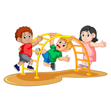 kids playing climbing metal monkey bar on backyard