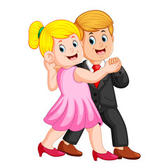 the woman using the pink dress and the man using the coat dancing together 
