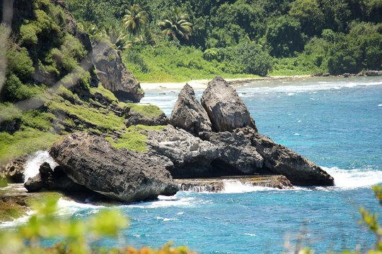Rock formations at a beach with green vegetation and clear blue waters 