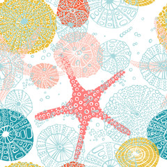 Seamless vector sea pattern. Seashell, various seashells, starfish
