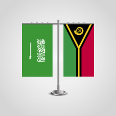 Table stand with flags of Saudi Arabia and Vanuatu.Two flag. Flag pole. Symbolizing the cooperation between the two countries. Table flags