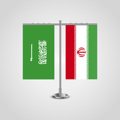 Table stand with flags of Saudi Arabia and Iran.Two flag. Flag pole. Symbolizing the cooperation between the two countries. Table flags
