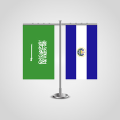 Table stand with flags of Saudi Arabia and El Salvador.Two flag. Flag pole. Symbolizing the cooperation between the two countries. Table flags