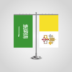 Table stand with flags of Saudi Arabia and Vatican.Two flag. Flag pole. Symbolizing the cooperation between the two countries. Table flags