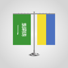 Table stand with flags of Saudi Arabia and Ukraine.Two flag. Flag pole. Symbolizing the cooperation between the two countries. Table flags