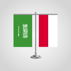 Table stand with flags of Saudi Arabia and Poland.Two flag. Flag pole. Symbolizing the cooperation between the two countries. Table flags