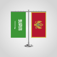 Table stand with flags of Saudi Arabia and Montenegro.Two flag. Flag pole. Symbolizing the cooperation between the two countries. Table flags