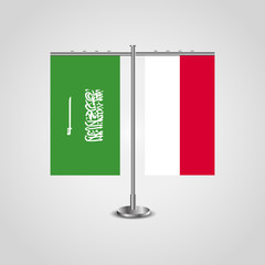Table stand with flags of Saudi Arabia and Monaco.Two flag. Flag pole. Symbolizing the cooperation between the two countries. Table flags