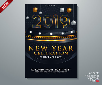 vector illustration of happy new year 2019 gold and black collors