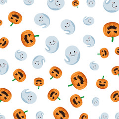 Naklejka premium happy halloween ghosts and pumpkins pattern