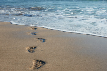 Footsteps on a sandy beach toward a sea