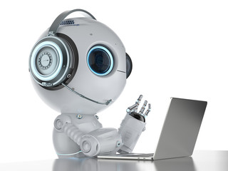robot with headset and notebook - obrazy, fototapety, plakaty
