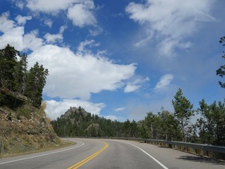 Fototapeta premium Winding road up in the Roosevelt National Forest in Colorado on a bright sunny day