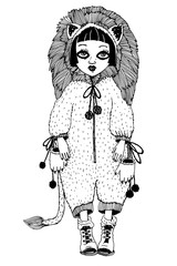 Girl in vintage style wild lion costume pagamas.