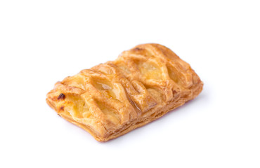 close up of crispy pineapple pie isolated on white background