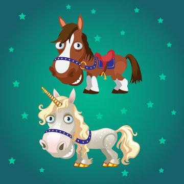 Cute poster with smiling racehorse and a unicorn with gold hooves. Vector cartoon close-up illustration.