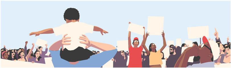 Illustration of peaceful crowd protest with children and students holding blank signs and banners - obrazy, fototapety, plakaty