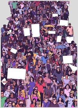 Illustration of large crowd protest demonstration with blank signs banners