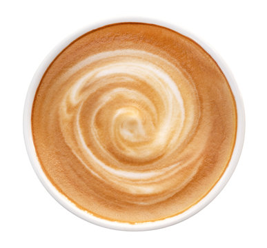 Top view of hot coffee latte cappuccino spiral foam isolated on white background, clipping path included