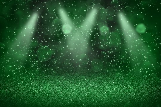 green cute shiny glitter lights defocused stage spotlights bokeh abstract background with sparks fly, festal mockup texture with blank space for your content
