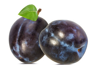 Fresh plums with leaf isolated on white background  with clipping path