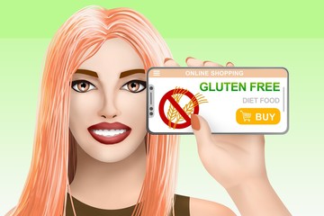 Concept gluten free diet food. Drawn nice girl on vivid background. Illustration