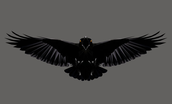 Raven in flight on grey background, low poly triangular vector illustration EPS 8 isolated. Polygonal style trendy modern logo design. Suitable for printing on a t-shirt.