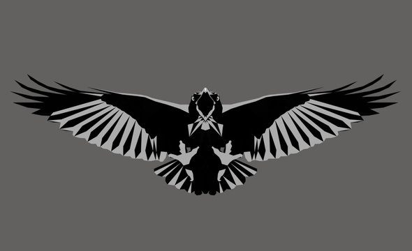 Monochrome crow. Low poly triangular  raven in flight on grey background, symmetrical vector illustration EPS 8 isolated. Polygonal style trendy modern logo design. Suitable for printing on a t-shirt.