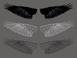 Low poly triangular crows' wings on grey background, symmetrical vector illustration EPS 8 isolated.  Polygonal style trendy modern logo design. Suitable for printing on a t-shirt.
