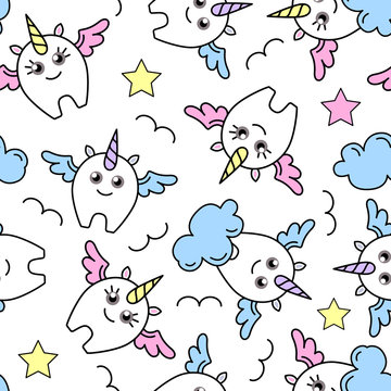 Seamless pattern with fantastic animal horse unicorn. Cartoon children background