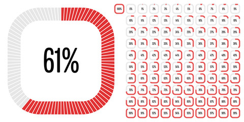 Set of rectangle percentage diagrams from 0 to 100 ready-to-use for web design, user interface (UI) or infographic - indicator with red