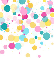 Memphis round confetti festive background in cyan blue, pink and yellow. Childish pattern vector.