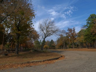 Blast of autumn colors with beautiful blue skies at the Robbers Cave in Wilburton, Oklahoma 
