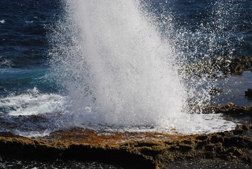 Naklejka premium Stunning closeup of a spurt of water blowing up to the air from a hole in a coral in a tropical island