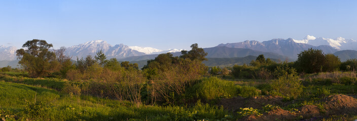 Mountain landscape panorama, sunny morning in the mountains.