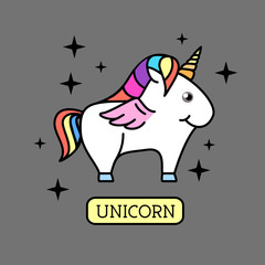 Vector illustration of fantasy animal horse unicorn on rainbow background. Flat style design